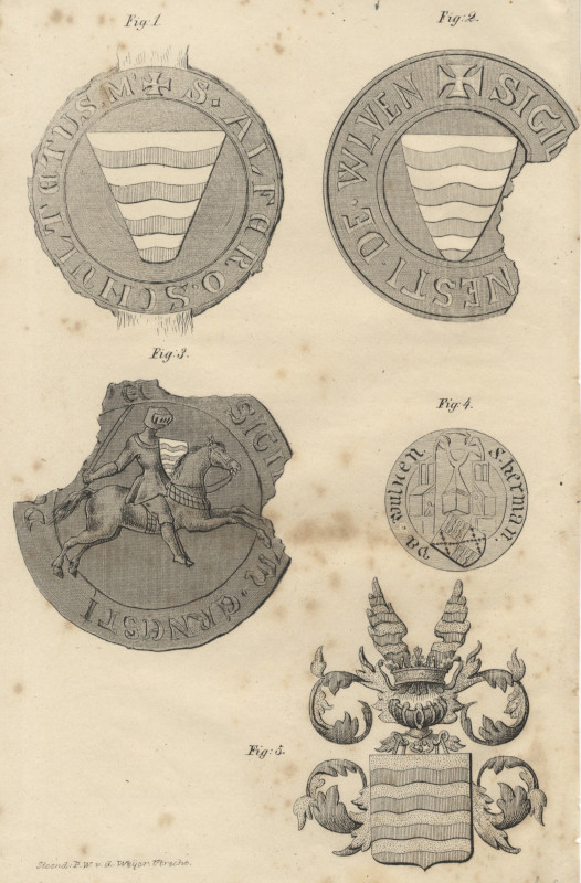 afbeelding van prent Vijf familiewapens van P.W. van de Weijer