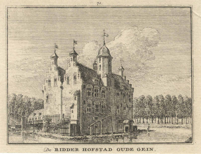 afbeelding van prent De Ridder Hofstad Oude Gein, of, Het Huis te Vliet, van agteren van H. Spilman, naar J. de Beijer (Lopikerkapel)