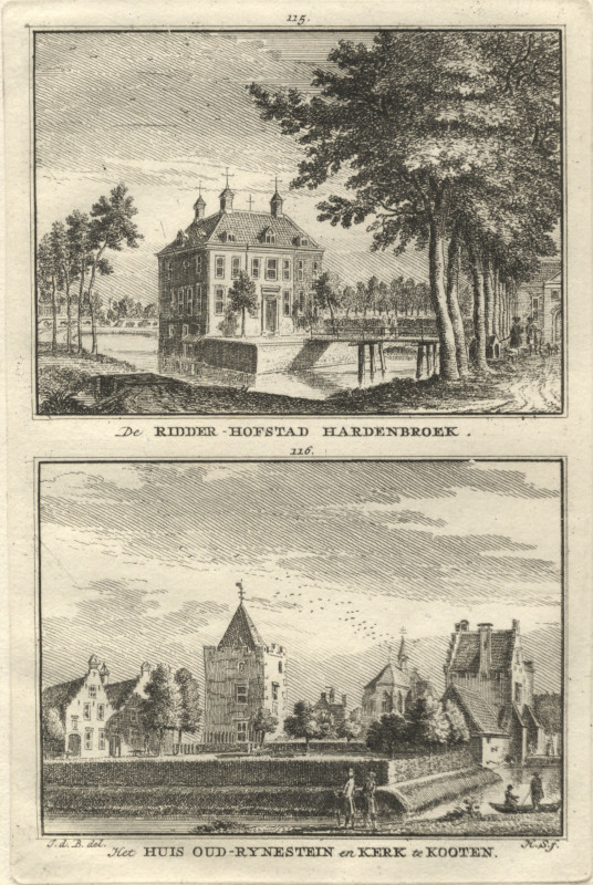 afbeelding van prent De Ridder-Hofstad Hardenbroek; Het huis Oud-Rynestein en Kerk te Kooten van H. Spilman, naar J. de Beijer (Cothen, Driebergen)