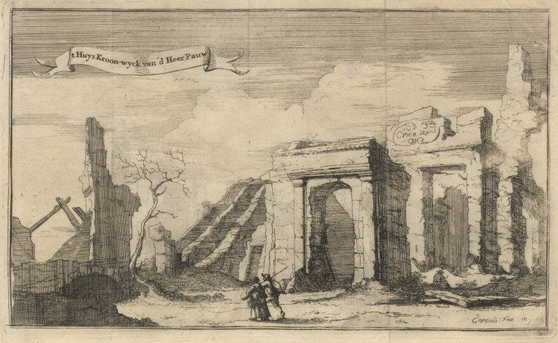 afbeelding van prent &acute;t Huys Kroon-wyck van &acute;d Heer Pauw van I. Sorious (Maarssen)