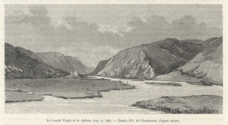 afbeelding van prent Le Lough Veagh et le chateau van O. de Champeaux (Lough Beagh, Lough Veagh)