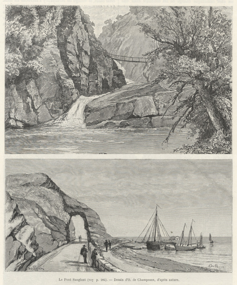 afbeelding van prent Cascade de Glenariffe / Le Pont Sanglant van O. de Champeaux (Glenariff)