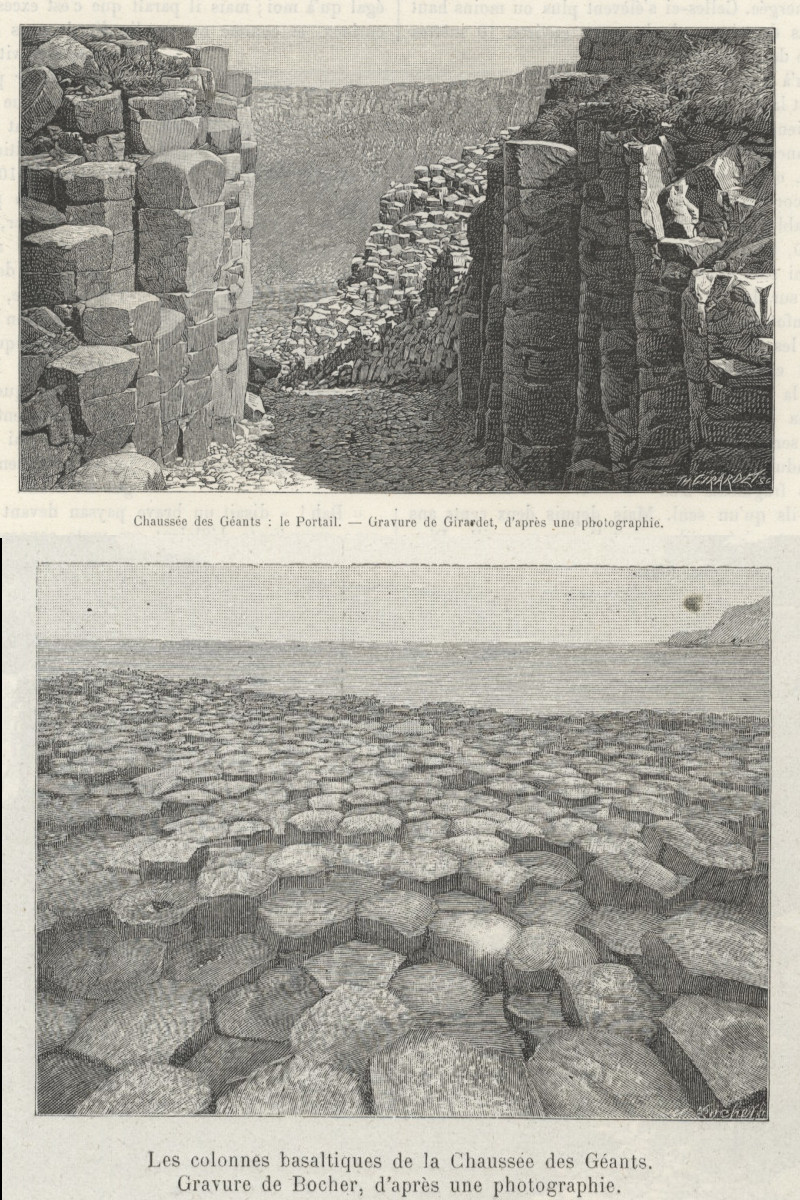 afbeelding van prent Chaussee des Geants: Le Portail / Les colonnes basaltiques de la Chaussee des Geants van K. Girardet / Bocher (Giants Causeway)