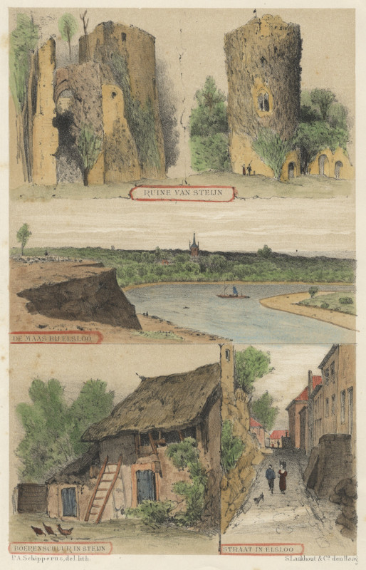 afbeelding van prent Ruine van Steijn, De Maas bij Elsloo, Boerenschuur in Steijn, Straat in Elslo van P.A. Schipperus (Stein, Elsloo)