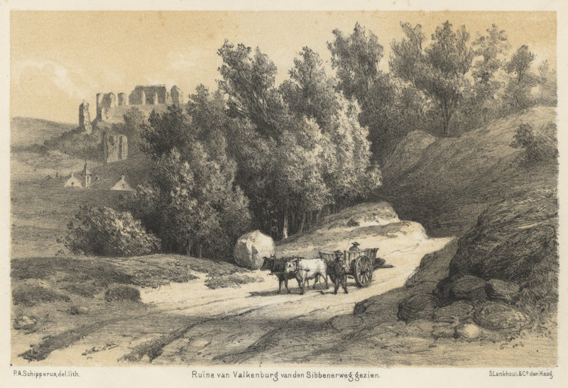 afbeelding van prent Ruïne van Valkenburg van den Sibbenerweg gezien van P.A. Schipperus (Valkenburg)