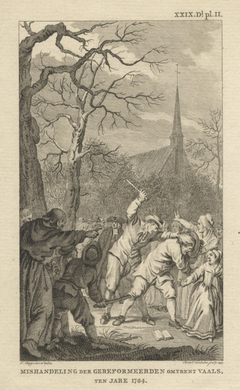 afbeelding van prent Mishandeling der gereformeerden omtrent Vaals, ten jare 1764 van R. Vinkeles, J. Buys (Vaals)