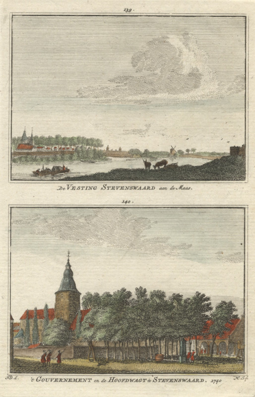 afbeelding van prent De Vesting Stevenswaard aan de Maas; &acute;t Gouvernement en de Hoofdwagt te Stevenswaard 1740 van H. Spilman, naar J. de Beijer (Stevensweert)