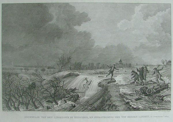afbeelding van prent Doorbraak van de Lingen-Dijk bij Kedichem en overstroming der Vijf Heeren Landen van R. Vinkeles, G. van Hardenberg (Kedichem)