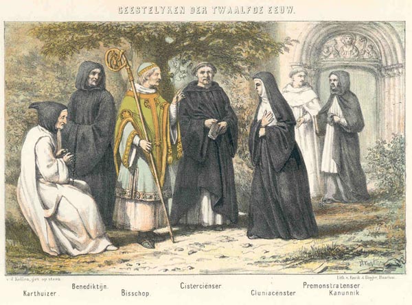 afbeelding van prent Geestelijken der twaalfde eeuw van v.d. Kellen