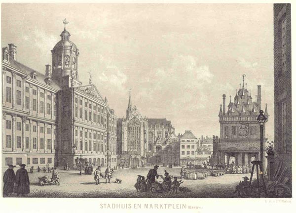 afbeelding van prent Stadhuis en marktplein (18e eeuw) van C.W. Mieling (Amsterdam)