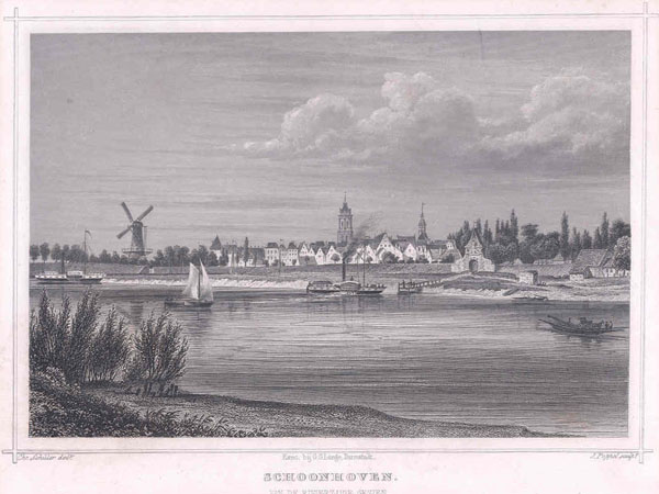 afbeelding van prent Schoonhoven van de rivierzijde gezien van J. Popel, Chr Schuler (Schoonhoven)