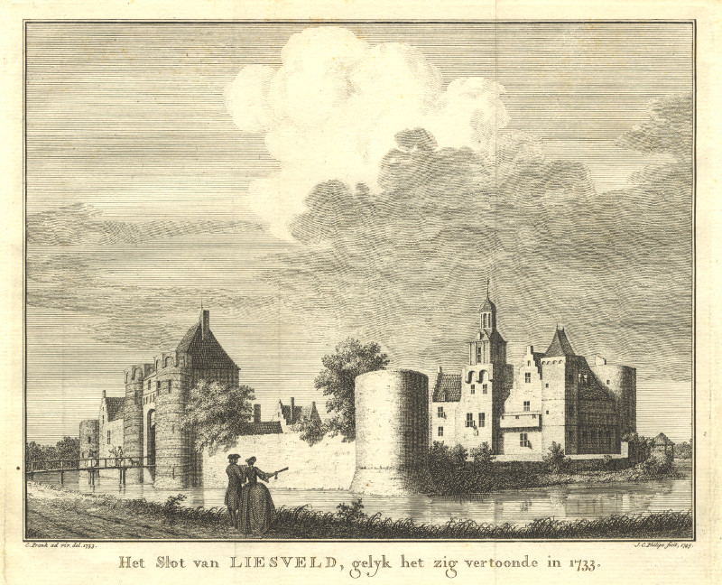 afbeelding van prent Het Slot van Liesveld, gelijk het zig vertoonde in 1733 van C. Pronk, J.C. Philips (Groot-Ammers)