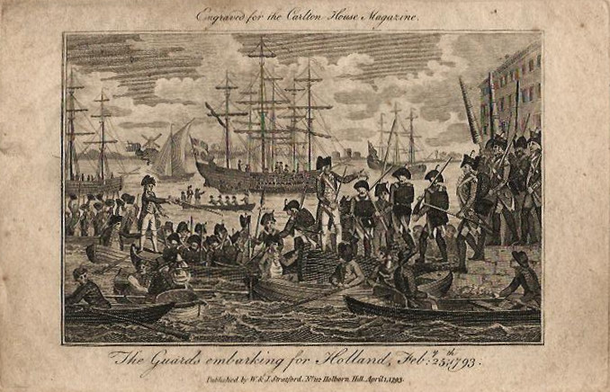 afbeelding van prent The guards embarking for Holland, Feb 25, 1793 van W.J. Stratford (Blackwall)