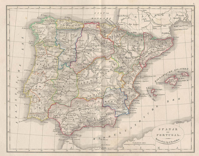 afbeelding van kaart Spanje en Portugal van A. Baedeker, Rotterdam