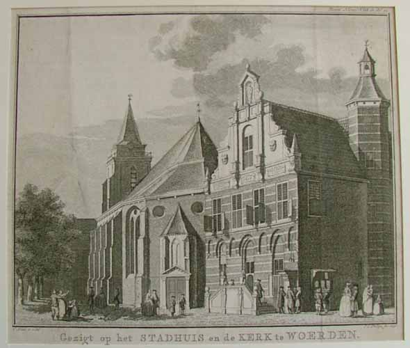 afbeelding van prent Gezicht op het stadhuis en kerk te Woerden van C. Pronk (Woerden)