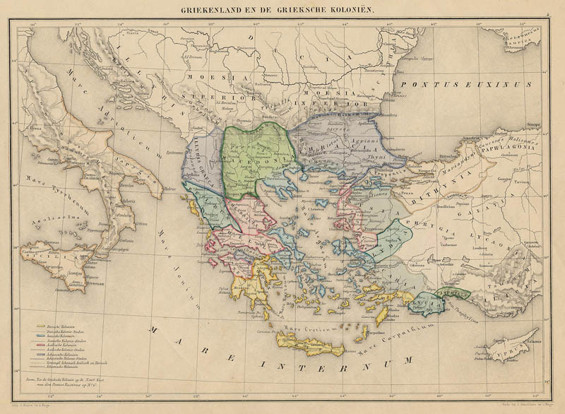Geneigd zijn Bengelen maak het plat Griekenland en de Griekse Koloniën, een antieke kaart van Griekenland door  De erven Thierry en Mensing uit 1858