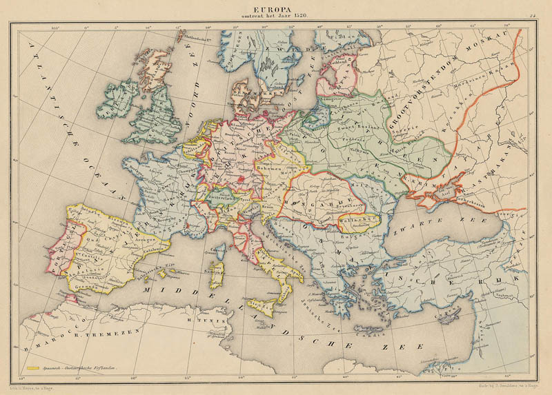 afbeelding van kaart Europa omtrent het Jaar 1520 van De Erven Thierry en Mensing