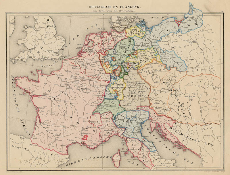 afbeelding van kaart Duitschland en Frankrijk ten tijde van het Rijnverbond van De Erven Thierry en Mensing