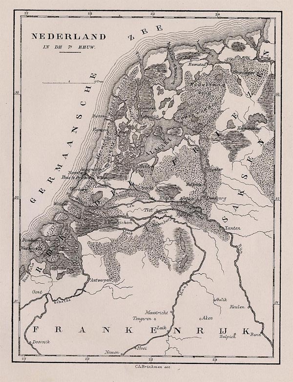 afbeelding van kaart Nederland in de 7e Eeuw van C.L. Brinkman, Amsterdam