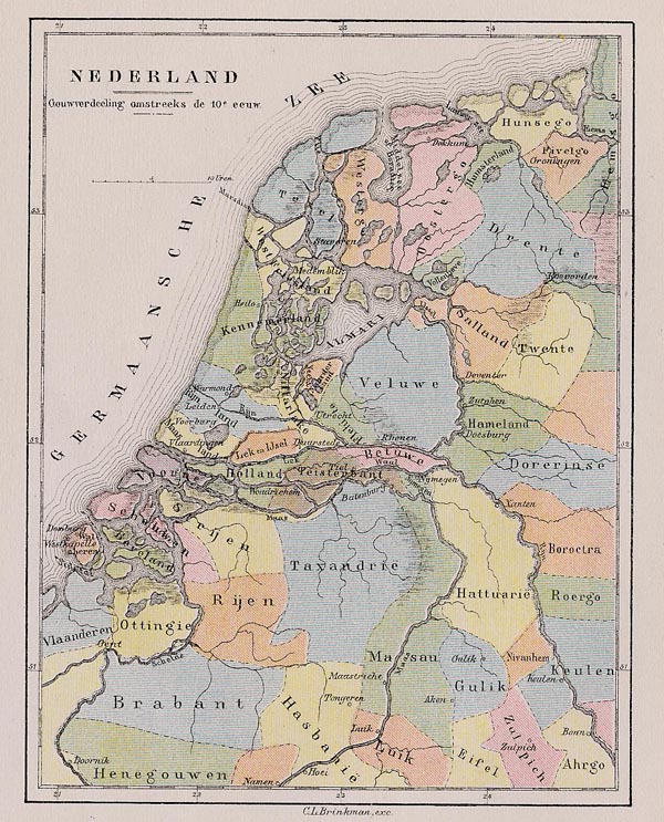 afbeelding van kaart Nederland. Gouwverdeeling omstreeks de 10e eeuw van C.L. Brinkman, Amsterdam