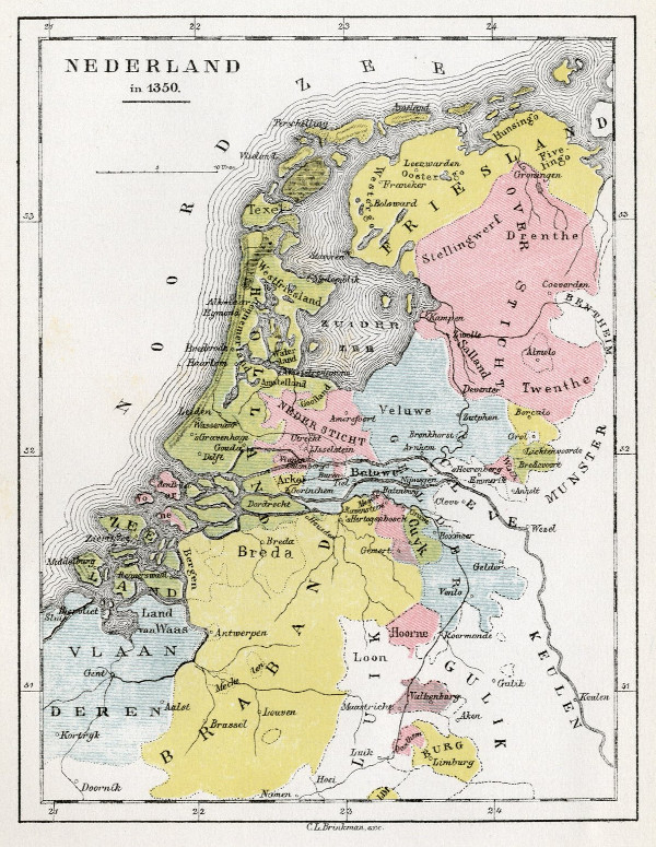 afbeelding van kaart Nederland in 1350 van C.L. Brinkman, Amsterdam