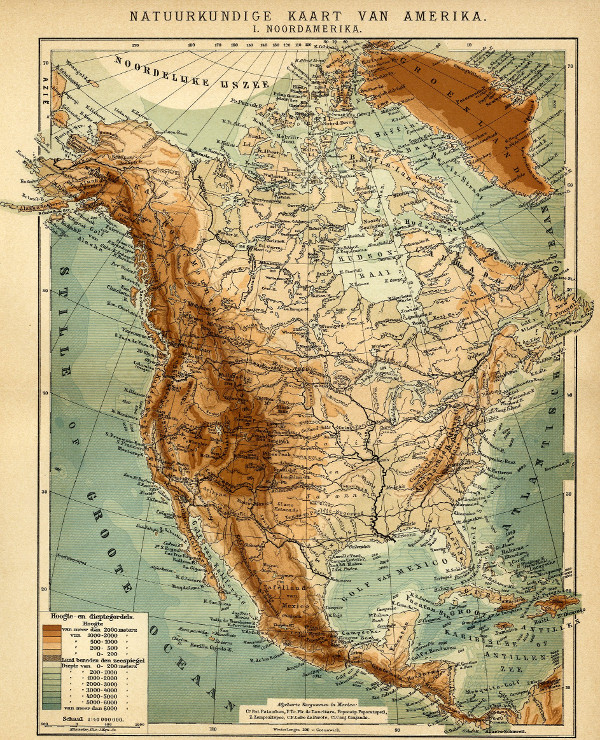 afbeelding van kaart Natuurkundige kaart van Amerika van Winkler Prins