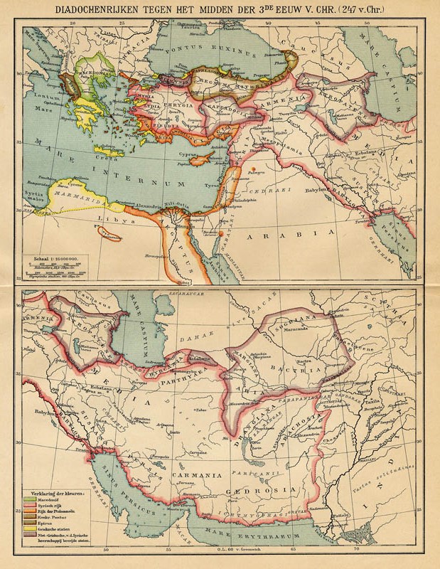 afbeelding van kaart Diadochenrijken tegen het midden der 3e eeuw v. chr (247 v. Chr) van Winkler Prins
