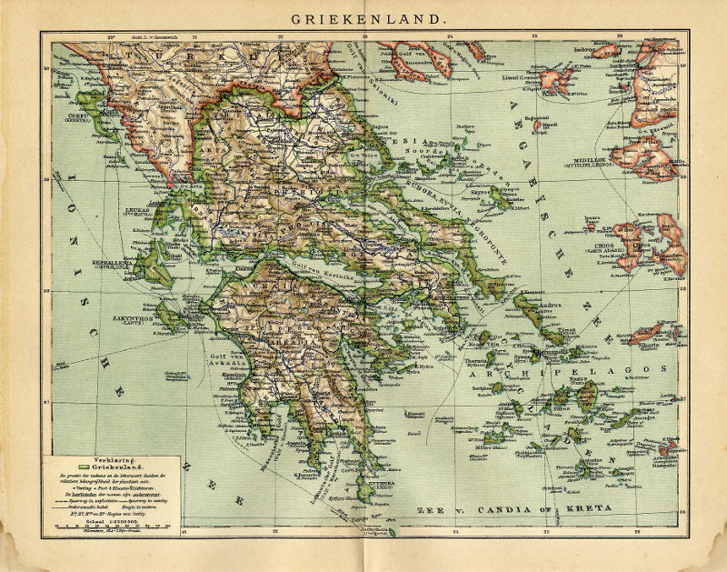 Beschrijven aanvaardbaar Sui Griekenland, een antieke kaart van Griekenland door Winkler Prins uit 1908