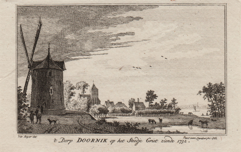 afbeelding van prent ´t Dorp Doornik op het Steedje Griet ziende 1732 van Paulus van Liender, naar Jan de Beijer (Griethausen)
