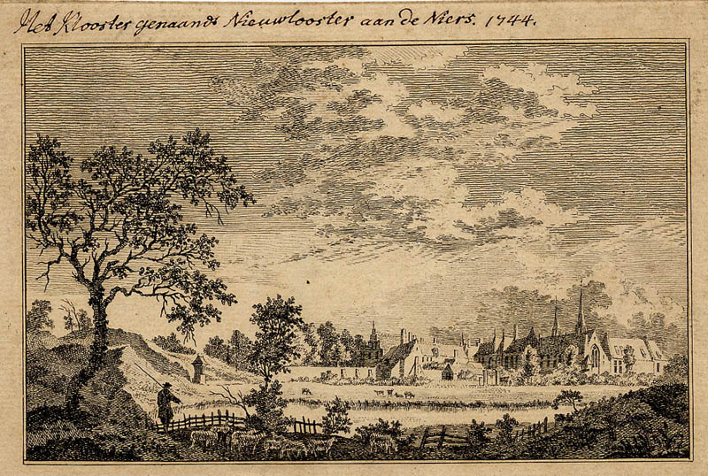 afbeelding van prent Het Klooster genaamdt Nieuwklooster aan de Niers, 1744 van Paulus van Liender, naar Jan de Beijer (Kleef)