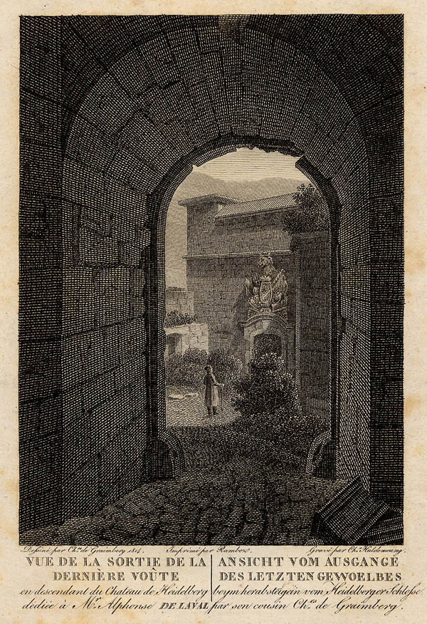 afbeelding van prent Ansicht vom Ausgange des Letzten Gewoelbes van Ch. Haldenwang, naar Karl von Graimberg (Heidelberg)