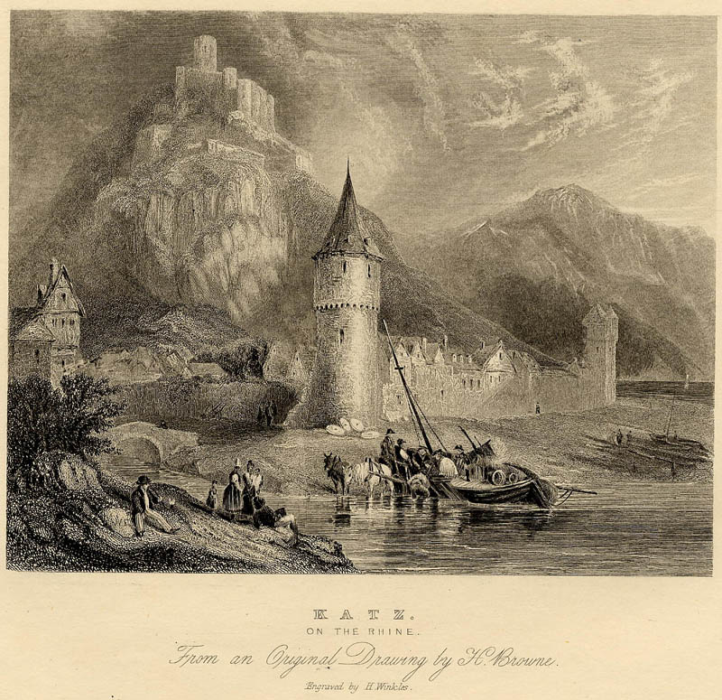 afbeelding van prent Katz on the Rhine, from an original drawing by H. Brown van H. Winkles naar H. Brown (Katz)