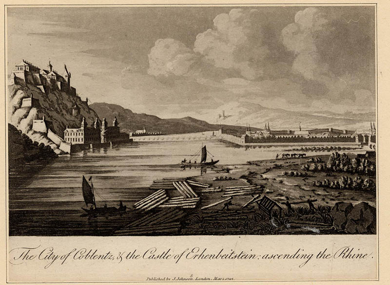 afbeelding van prent The City of Coblentz, & the Castle of Erhenbeitstein: ascending the Rhine. van NN (Koblenz)