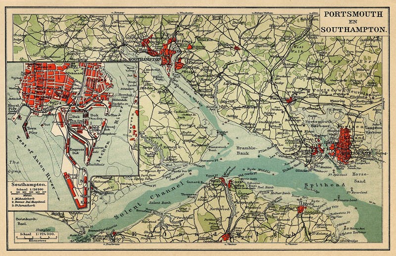 afbeelding van kaart Portsmouth en Southampton van Winkler Prins