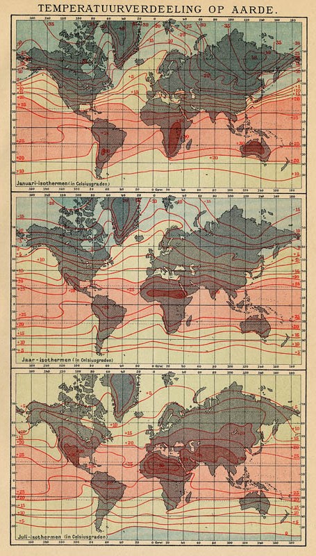 afbeelding van kaart Temperatuurvedeeling op de Aarde van Winkler Prins