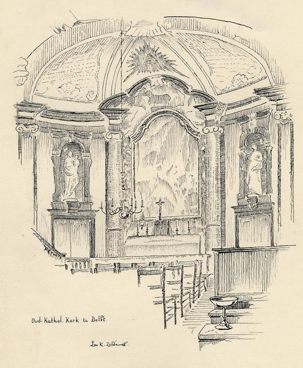 afbeelding van prent Oud-Kathol. Kerk te Delft van Leo K. Zeldenrust (Delft)