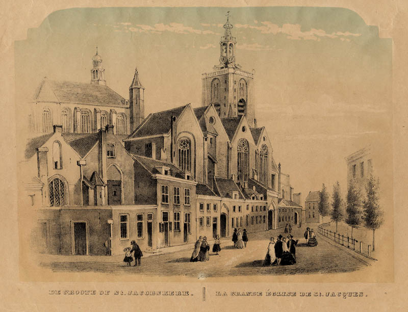 afbeelding van prent De Groote of St.Jacobskerk / La grande église de St.Jacques van nn (Den Haag, ´s-Gravenhage, The Hague)