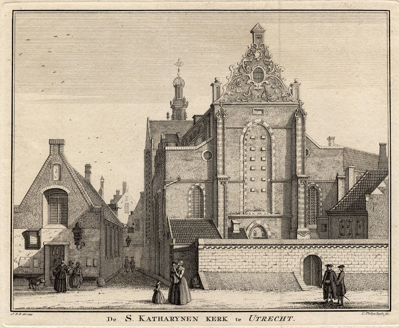 afbeelding van prent De S. Katharynen kerk te Utrecht van Caspar Jacobs Philips, naar Jan de Beijer (Utrecht)