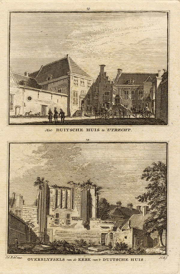 afbeelding van prent Het Duitsche huis te Utrecht, Overblijfsels van de kerk van ´t Duitsche huis. van Hendrik Spilman, naar Jan de Beyer (Utrecht)