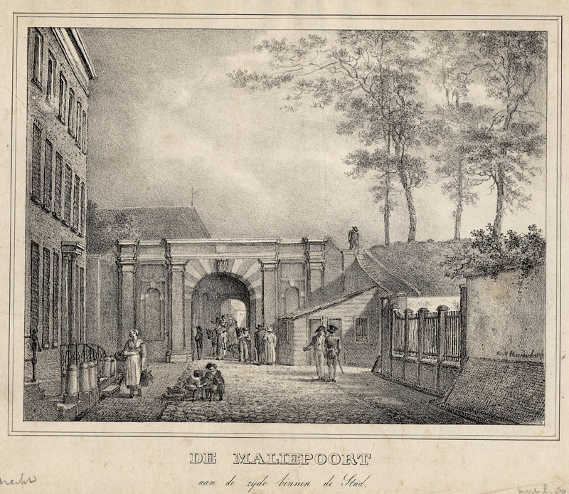 afbeelding van prent De Maliepoort aan de zijde binnen de Stad van Cornelis van Hardenbergh (Utrecht)