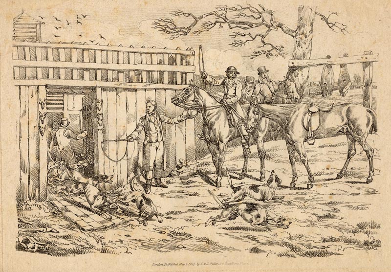 afbeelding van prent Releasing the dogs for hunting - jacht van Henry Thomas Alken (Hond)