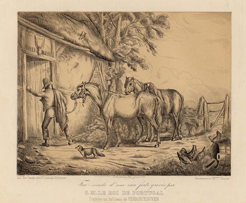 afbeelding van prent Paarden bij de stal van P. Decleermaecker naar E. Verboeckhoven (Paard)