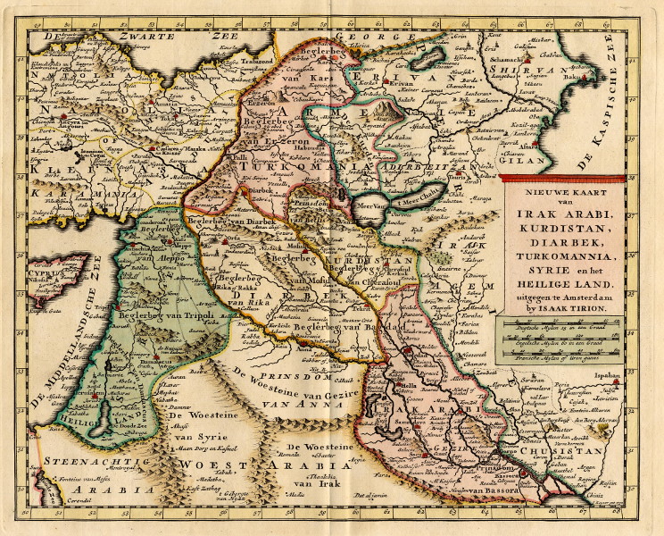 afbeelding van kaart Nieuwe kaart van Irak Arabi, Kurdistan, Diarbek, Turkomannia, Syrië en het Heilige Land van Isaak Tirion