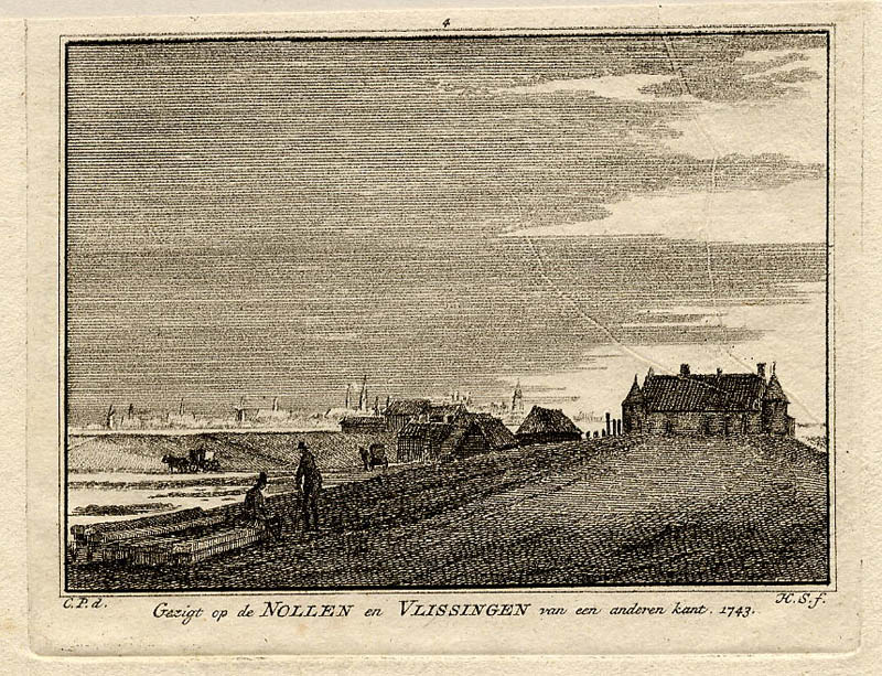afbeelding van prent Gezicht op de Nollen en Vlissingen van een andere kant, 1743 van H. Spilman en C. Pronk (Vlissingen)