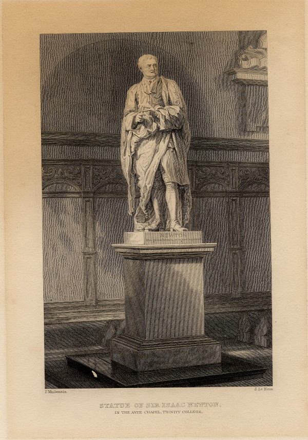 afbeelding van prent Statue of Sir Isaac Newton, in the ante chapel, Trinity College van J. Le Keux naar F. MacKenzie (wetenschappers, )