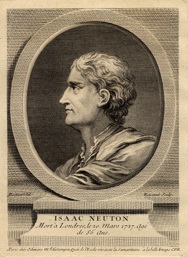 afbeelding van prent Isaac Newton, Mort a Londres, le 20 Mars 1727, age de 85 ans van S.F. Ravenet , naar J. Roettiers (wetenschappers, )