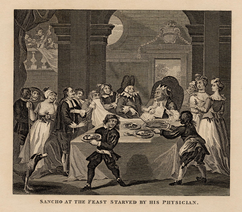 afbeelding van prent Sancho at the feast starved by his physician van naar William Hogarth