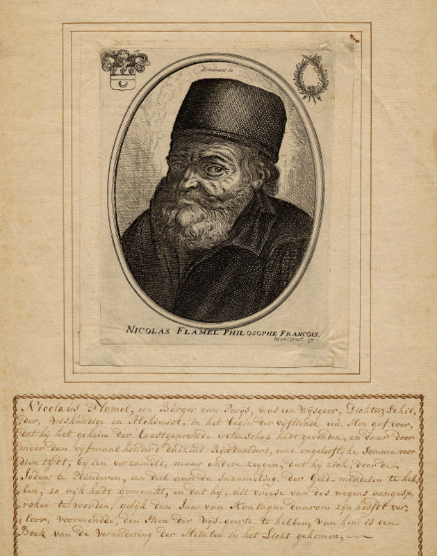 afbeelding van prent Nicolas Flamel Philosophe Francois van Balthasar Moncornet, naar Rembrandt van Rijn (wetenschappers, )