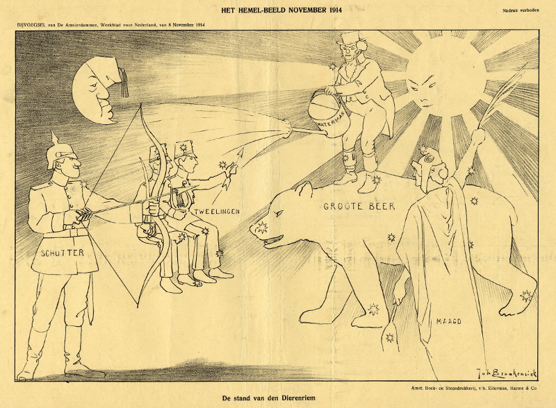 afbeelding van prent Het hemel-beeld november 1914, De stand van den dierenriem van Johan Braakensiek
