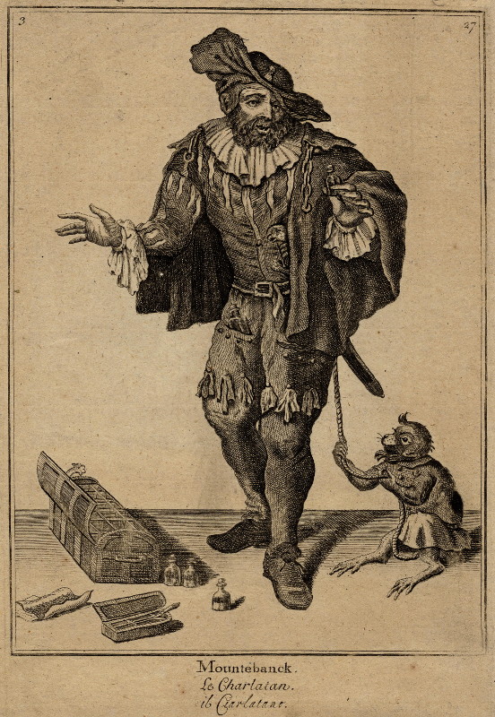 afbeelding van prent Mountebanck, Le Charlatan, Il Ciarlatano van John Savage naar Marcellus Laroon